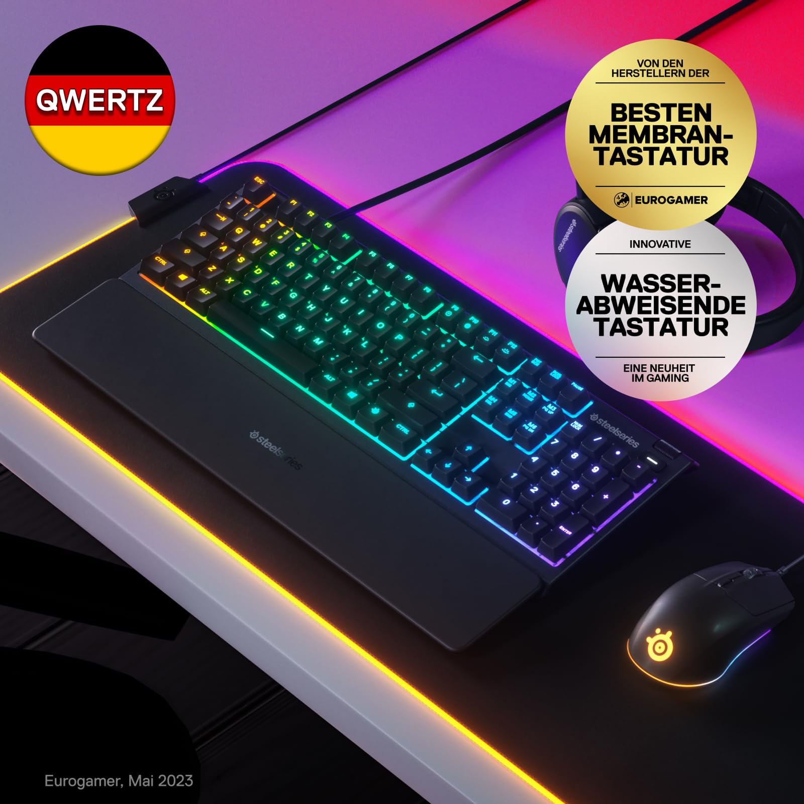 SteelSeries Apex 3 Gaming Tastatur - 10-Zonen RGB-Beleuchtung - Flüsterleise Gaming-Switches - Premium magnetische Handballenauflage - IP32 wassergeschützt - Deutsches (QWERTZ) Layout 2