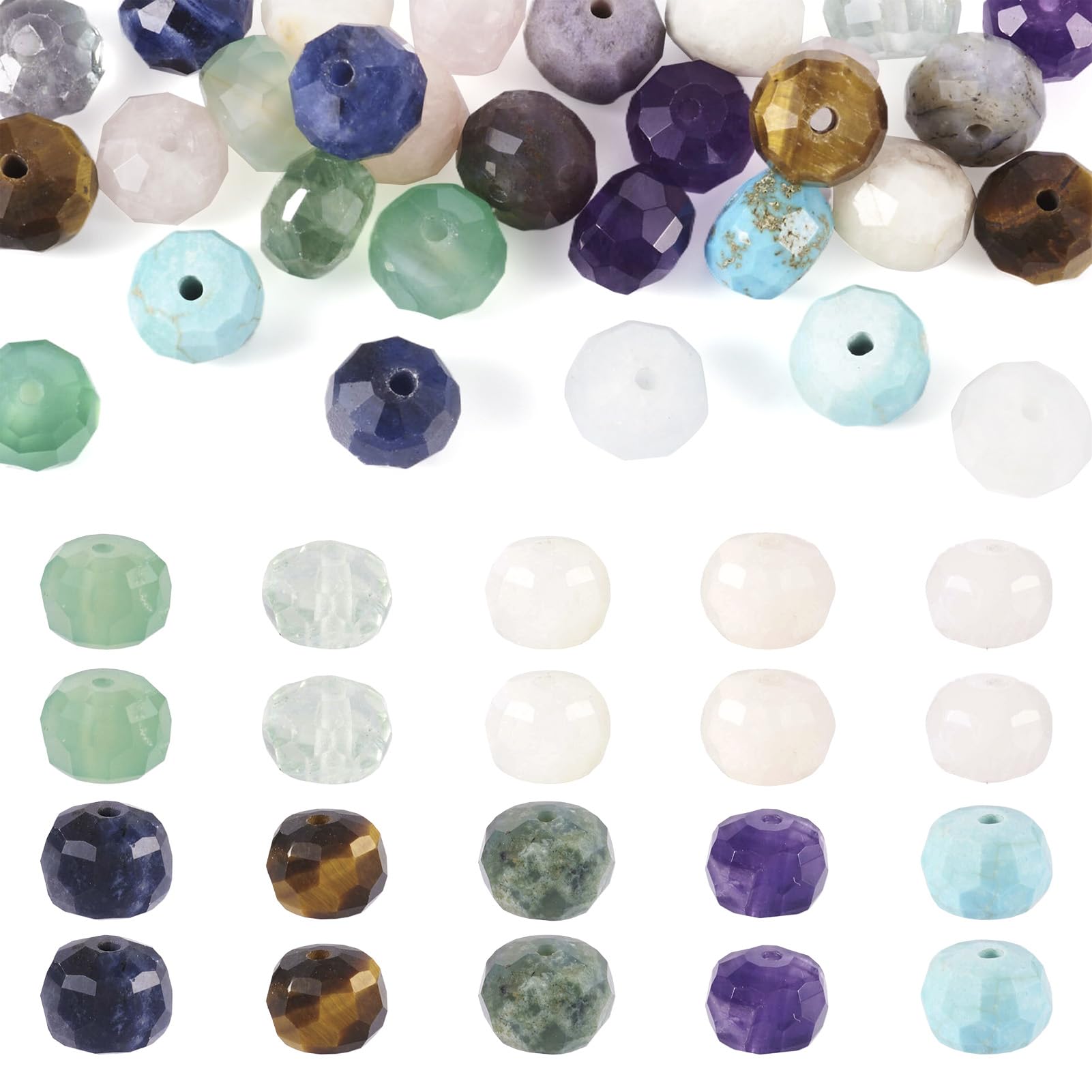 Crafans Rose Quartz Gemstone Beads Faceted Rondelle Natural Turquoise&Green Agate&Tiger Eye Gemstone Beads Natural Stone Spacer Beads for DIY Jewelry Making，40Pcs