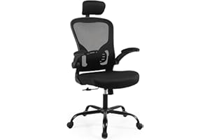 Moustache Swivel Office Chairs with Flip-up Arms Ergonomic Lumbar Support Breathable Mesh-Black with Headrest