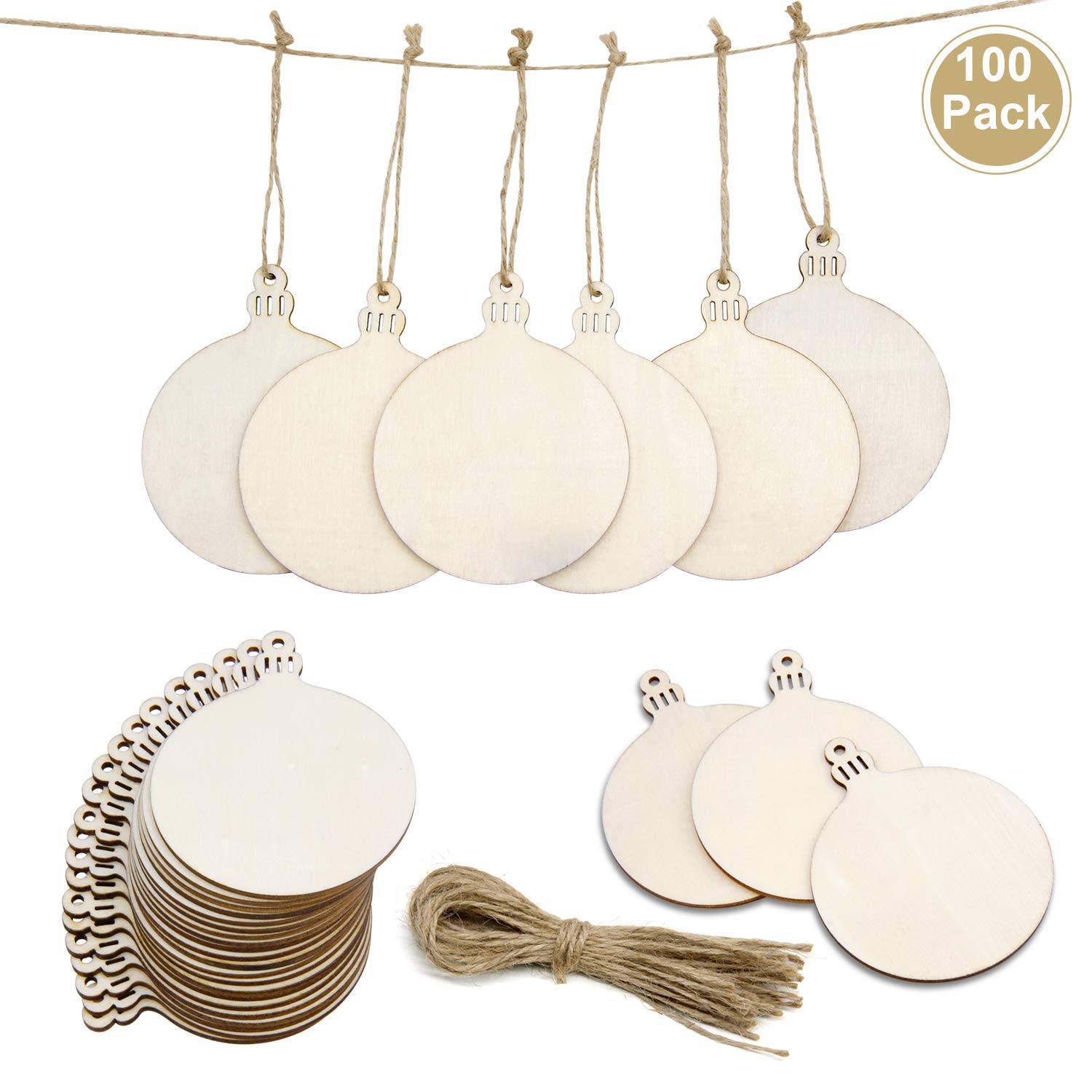 Woodcrafts 50pcs Unfinished Christmas Wooden Ornaments With Twines 3 15 Round Wooden Discs With Holes Wooden Christmas Ornaments For Hanging Decorations And Diy Craft Arts Crafts Sewing