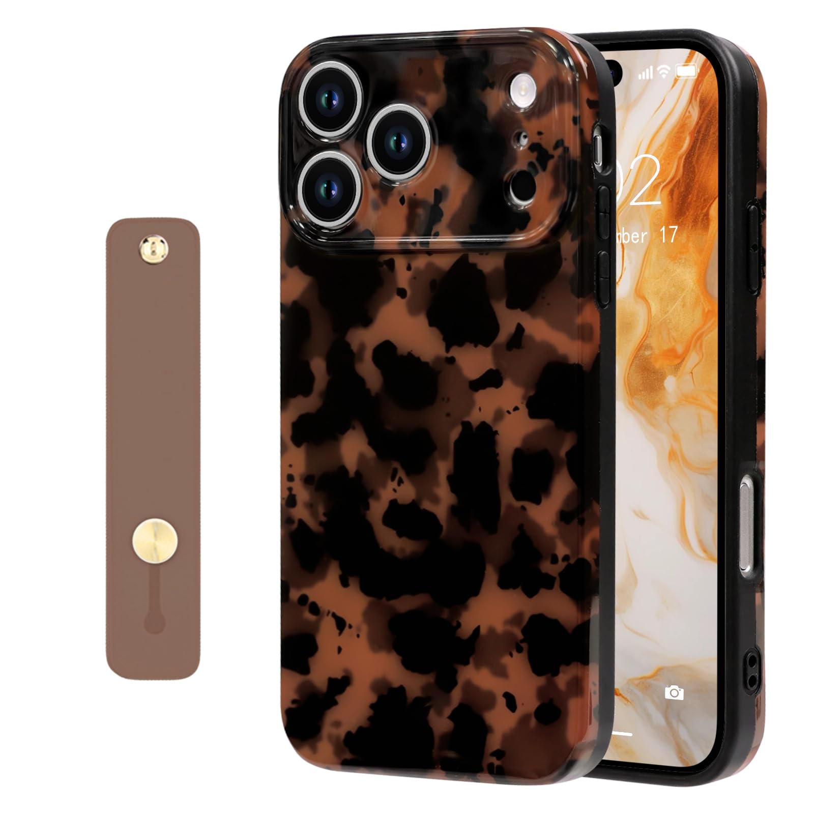 NITITOP Compatible for iPhone 17 Pro Case with Wrist Strap Cute Stylish Leopard Print Amber Tortoise for Women Girls Men Soft TPU Shockproof Protective Cover - Black