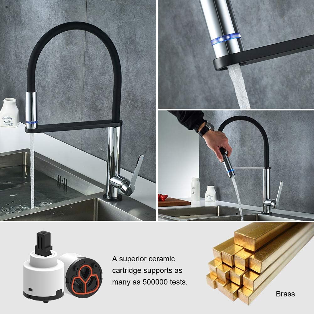 GRIFEMA DOVER-G14002B LED Kitchen Sink Mixer Tap with Super Flexible Spout, 3 Color Changes, 3/8 Inch Hose, Chrome/Black - Image 5