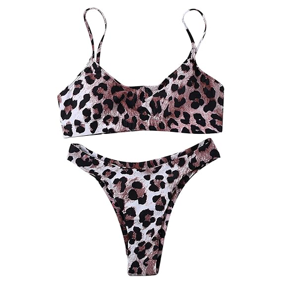 JewelryWe Damen Bikini-Sets Leopardenprint Leopard Push up Gepolstert Bustier Hohe Taille Bikinislip Badeanzug Bademode, S M 