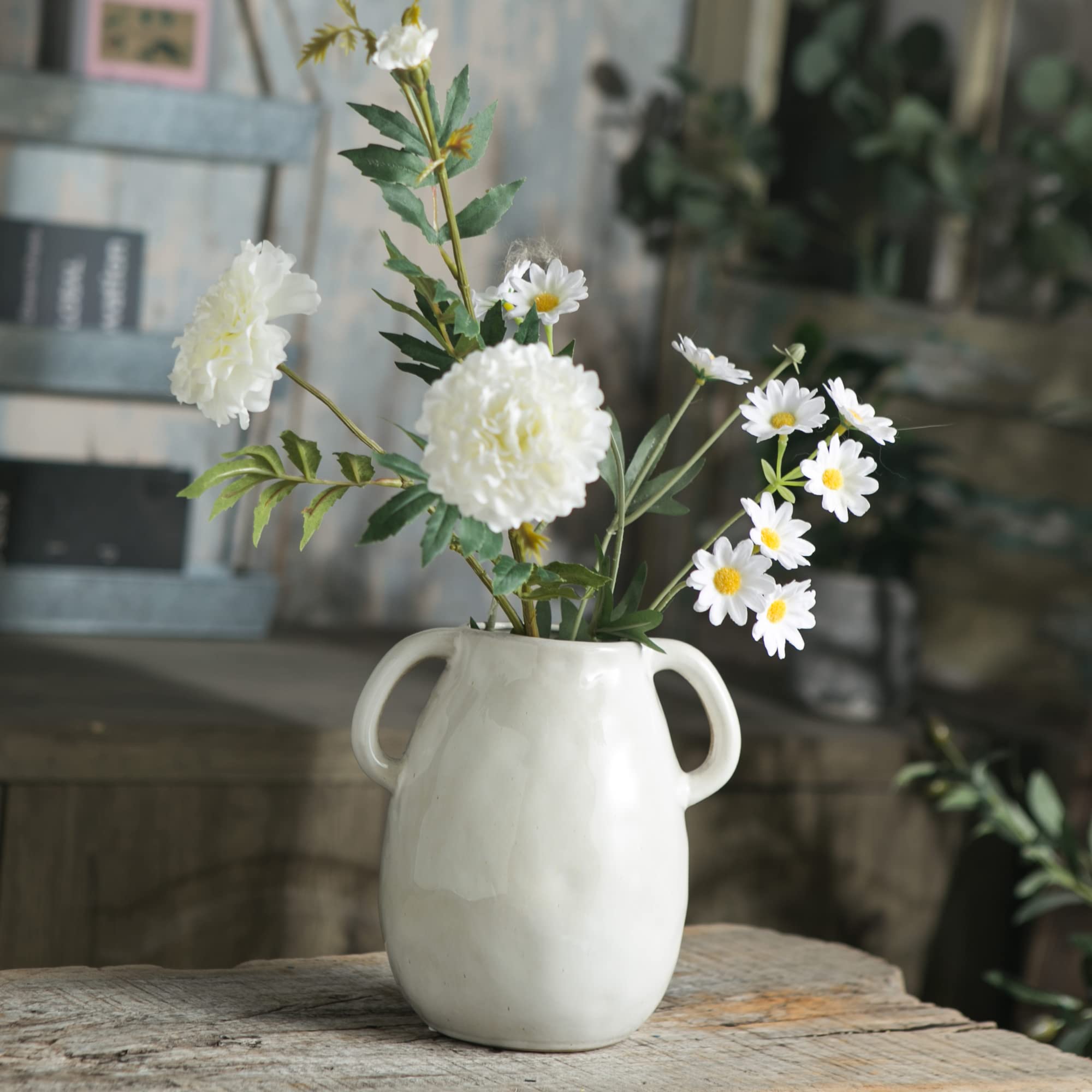 Tanvecle White Ceramic Vase with 2 Handles, Modern Farmhouse Vase for Home Decor, Rustic Terracotta Vase, Decorative Pottery Flower Vase, Clay Samll Vase, Centerpieces for Dining Table - 7 Inch Tall - Image 8