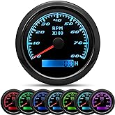 MAIMEIMI Tachometer 8000 RPM 3-3/8" 85mm for 1-8 Cylinder Gas Diesel Engine | 3 inches Tach Gauge 0-8000RPM with 7 Color Backlight Hourmeter for Car Boat Marine Vehicle, Programmable Pulse Calibration