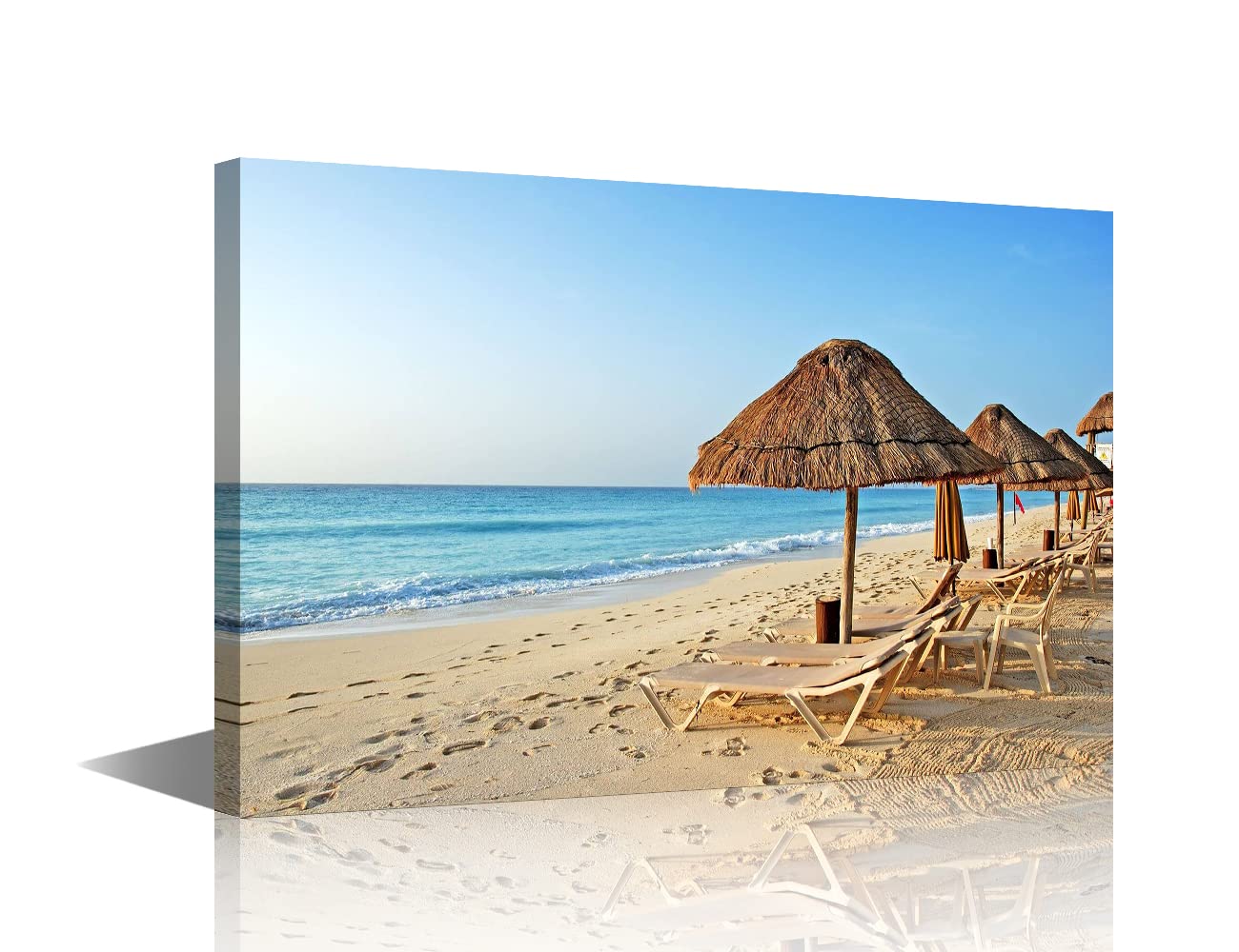 TISHIRON Canvas Prints Wall Art Beach Reclining Chair Landscape Sea Sandy Beach Pictures Stretched Canvas Wooden Framed for living Room Bedroom and Office 16X24in (40x60cm)