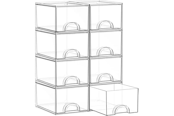 Zeawec 8 Pack Small Clear Stackable Acrylic Storage Boxes for Art Tool & Sketch, Storage Drawers, Storage Organizer, Clear Plastic Makeup Organizer, Ideal for Vanity, Cabinet, Desk Organization