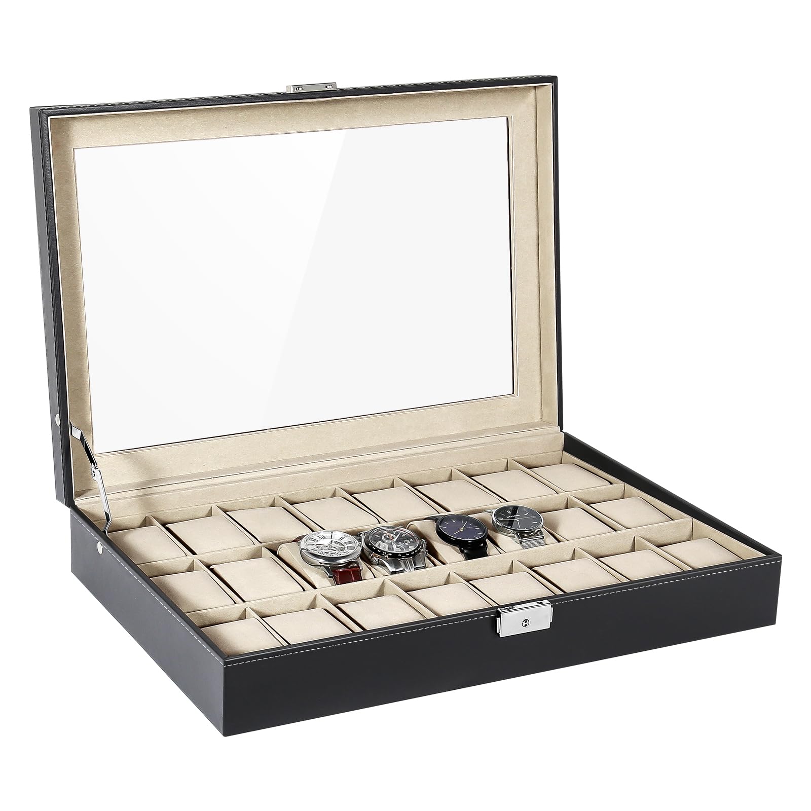 Uten Watch Box 24 Slots, Watch Case with Key Lock, Watch Display Storage Box for Men and Women, Glass Lid, Removable Watch Pillows, Black Synthetic Leather, Beige Velvet Lining, Gift Idea