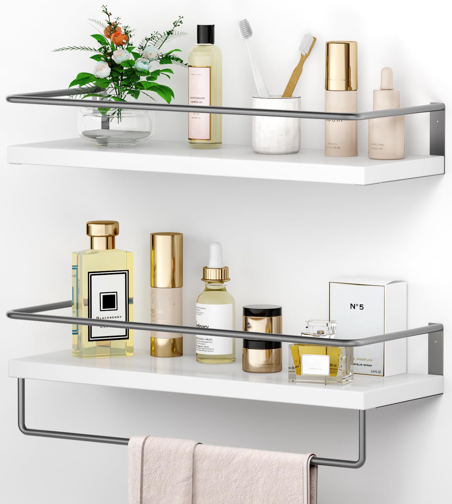 Photo 1 of Onlysky White Floating Shelves with Dark Grey Towel Rack - Set of 2 Wall Mounted Hanging Bathroom Shelves, Decorative Shelves for Stylish Storage in Bathroom, Kitchen, Living Room & Bedroom
