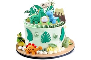 BlingABC 15PCS Cartoon Dinosaur Cake Toppers, Cute Dino Egg Leaves Grass Volcano Cake Decorations for Kids Birthday Baby Shower Dinosaur Animal Theme Party Supplies