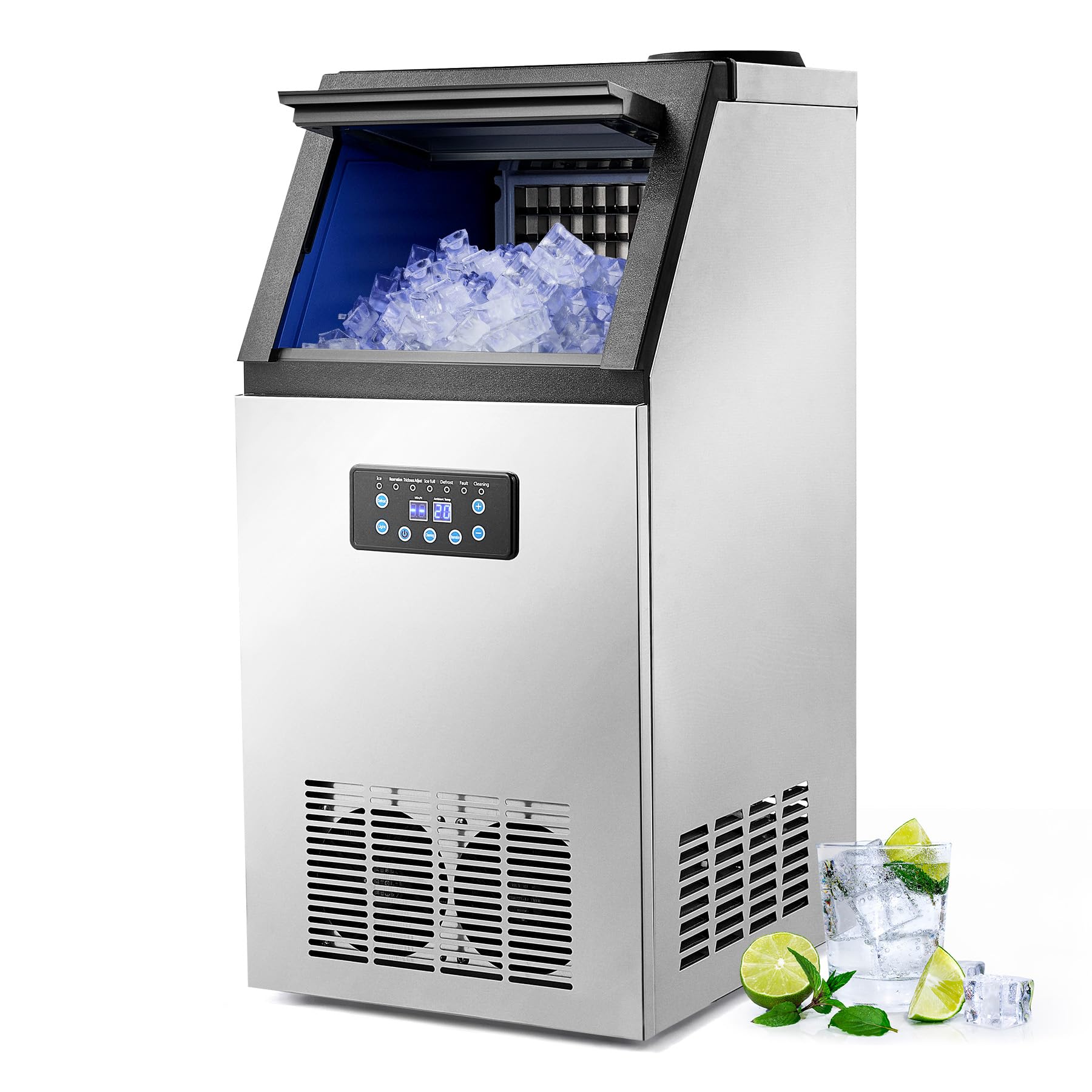 Wilprep Kommerzielle Eiswürfelmaschine 59kg/24H Eismaschine mit LCD-Bildschirm Eismaschine aus Edelstahl für Büro, Restaurant, Bar, Café