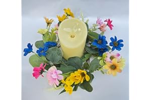 JOYAVO Candle Rings Wreaths 4 Inch Center, 2 Pack Yellow White Pink Purple Daisy Flower and Berry Artificial Eucalyptus Floral Decor Spring Summer Candle Small Wreaths Ring for Rustic Country Theme(C)