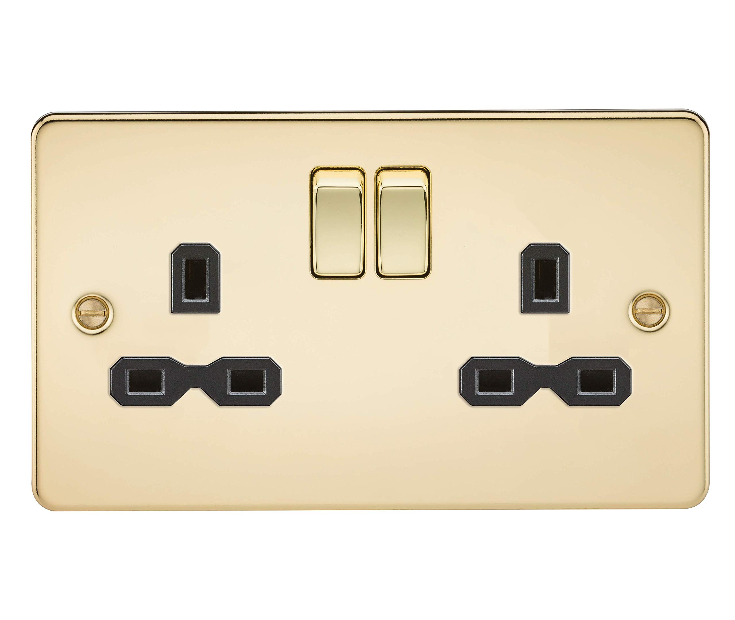 Flat Plate Double Socket in Polished Brass with Black Insert