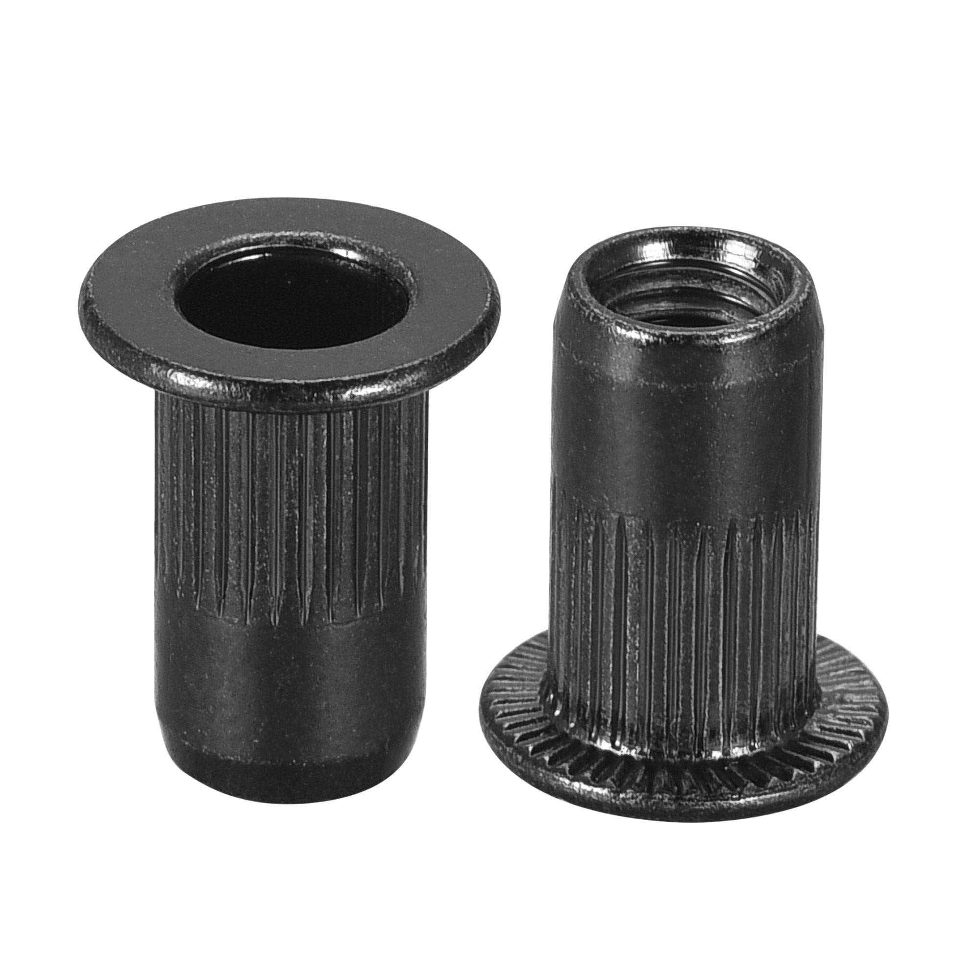 sourcing map M4 Rivet Nuts Carbon Steel Zinc-Plated Knurled Flat Head Threaded Insert Nut Black 50Pcs