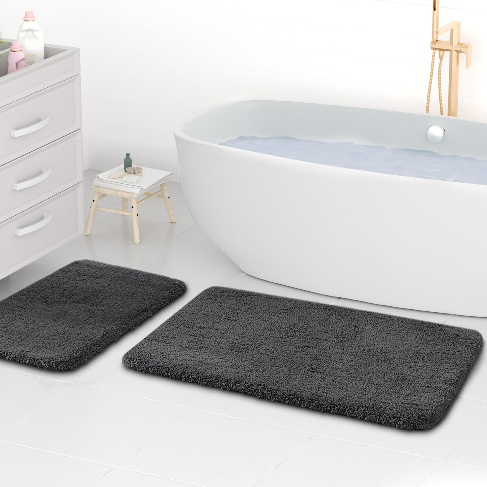 wyewye Microfibre Bath Mats, 2cm Super Thick Bath Rugs, Super Absorbent Bathroom Rugs 50x80cm and 40x60cm, Deep Grey