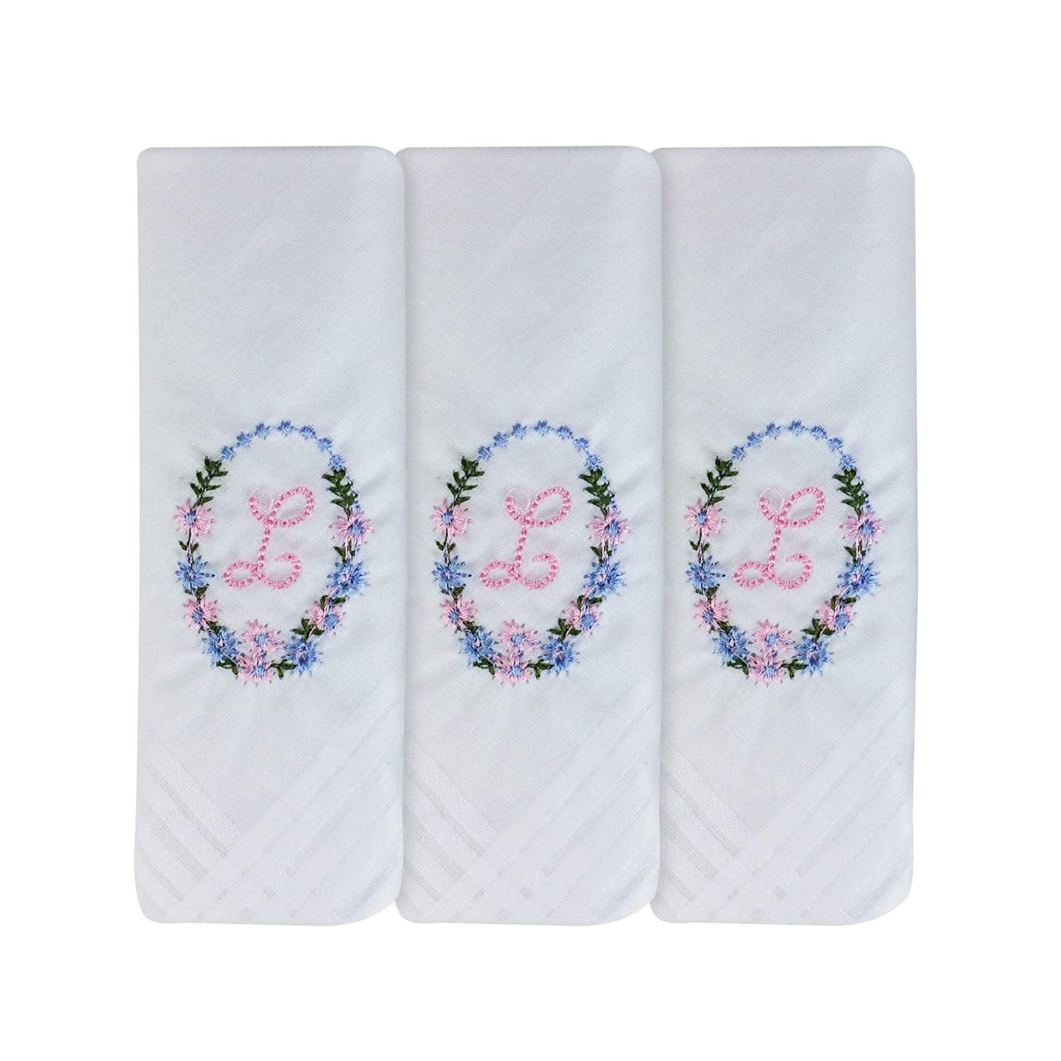 3 Pack Of Womens/Ladies Embroidered Initials Handkerchiefs With White Satin Border, L