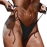EASYLONGJEE Women's Cheeky Bikini Bottoms, Sexy Brazilian String Thong Black Bathing Suits Bottom OneSize 2-10