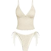 ZAFUL Tankini Swimsuits for Women Lace Jacquard Bowknot Decor Tummy Control High Cut Tanga Tankini Set