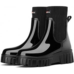 HISEA Women's Waterproof Chelsea Rain Boots, Ankle Booties with Knit Collar | Anti-slip chunky rain booties with snug knit cu