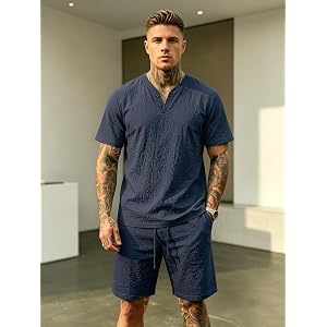 Men's Casual Linen Short Set,Henley Shirt and Elastic Waist Shorts, Summer 2 Piece Outfit