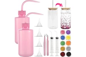 ARIKJ 20 Pcs Snow Globe Tumbler Supplies, DIY Snowglobe Tumbler Starter Kit with Bottles of Glitter, Plastic Squeeze Bottle, Small Funnel, Tweezers, Bent Syringe for Cup Making Pink(Tumbler not Included)
