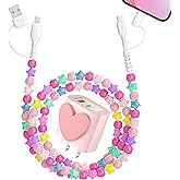 Aolcev 4 in 1 USB C Cable Beaded Multi for iPhone 17 Charger Cord 2 in 1 USB A USB C Charger Block 25W Cute Type C Fast Charging Blocks with Case for iPhone 16 15 Pro Max Girl 3.3FT Colorful Stars