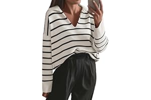 CFLONGE Women's Casual Striped Pullover Sweater Long Sleeve Polo V Neck Lightweight Loose Fit Drop Shoulder Knit Shirts Tops