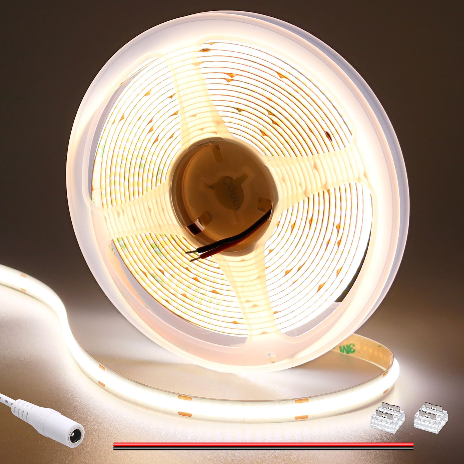 GOMING DC 12V COB LED Strip Light Natural White 4000K 16.4ft(5M) CRI 93+ Uniform Glow 312LEDs/M Flexible Not Waterproof IP20 LED Tape Lights for DIY Bedroom Kitchen Home Decor(No Power Supply)