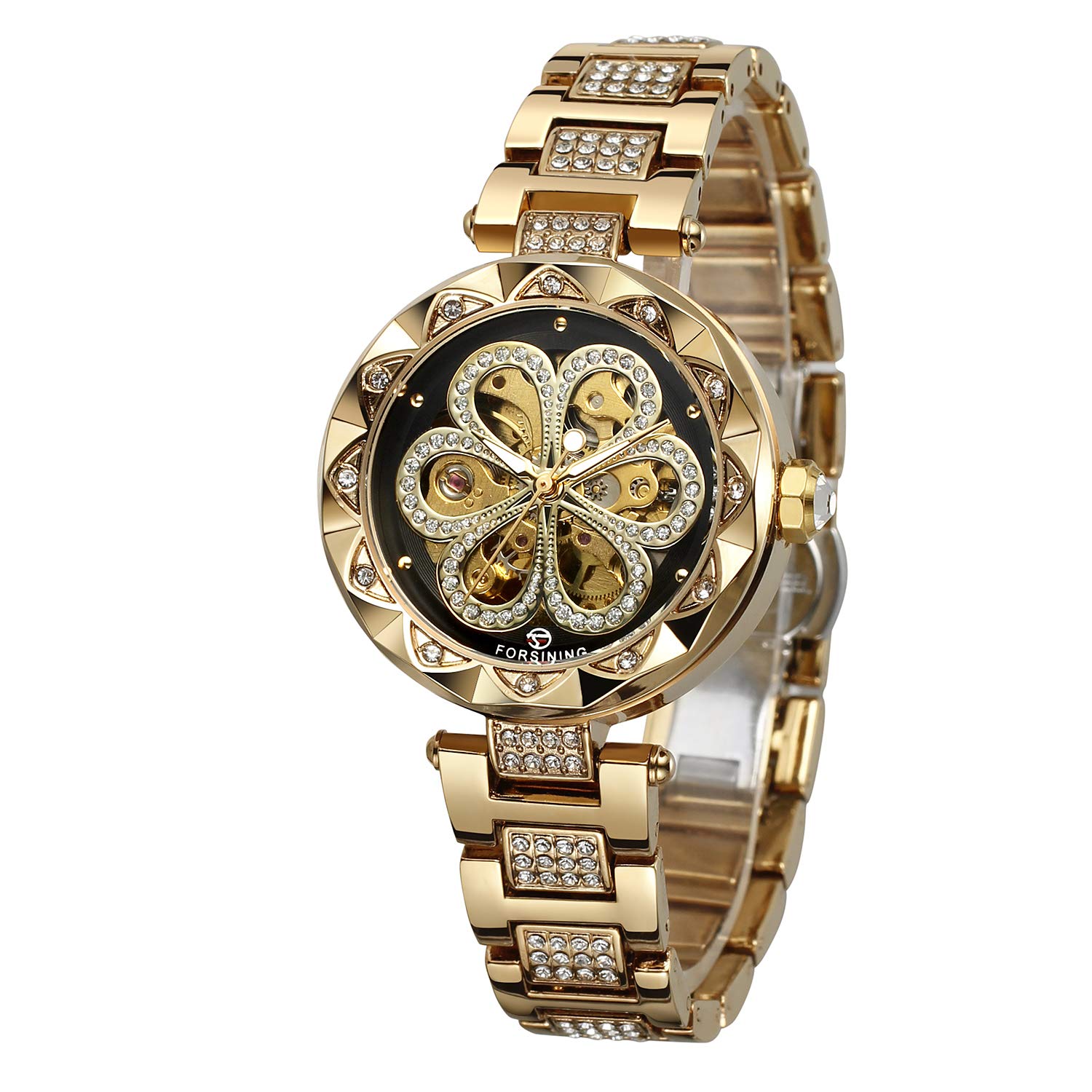 FORSINING Women's Stylish Analogue Dial Automatic Skeleton Watch with Stainless Steel Bracelet (Gold and Black)
