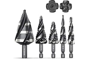 THINKWORK Four Spiral Flute Step Drill Bit Set, 5 Pcs HSS Step Drill Bits (1/8"-1-3/8") Unibit Step Drill Bit, 1/4" and 3/8" Shank Step Bits for Aluminum, Wood, Plastic, Metal