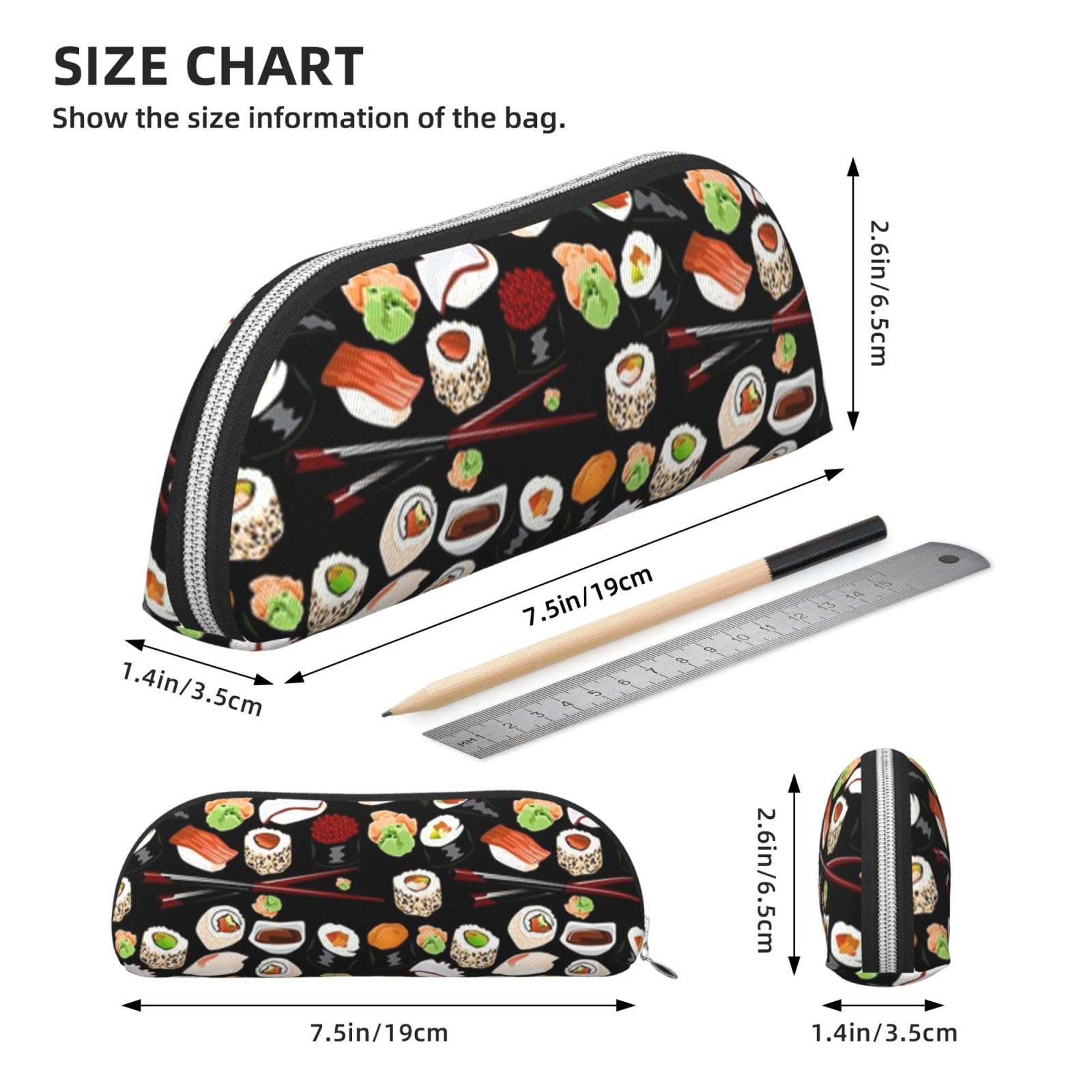 TOMPPY Japanese Sushi Black Printed Pencil Case Stand Up Pencil Pouch Small Pencil Holder Case Stationery Organizer Makeup Bag With Zipper Closure