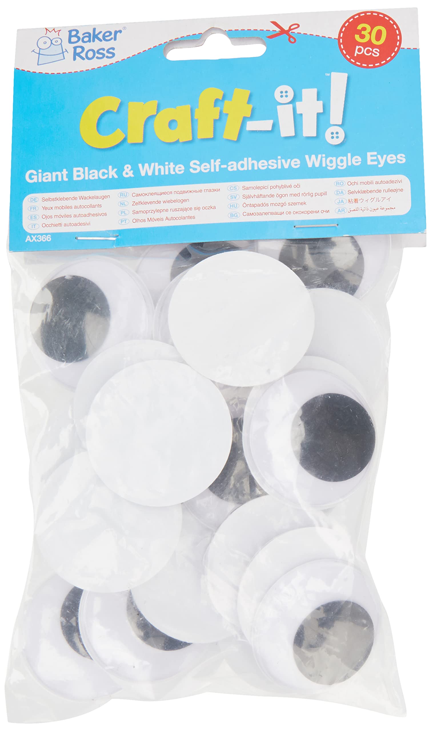 Baker Ross AX366 Giant Googly Eyes - Pack of 30, Self Adhesive Black & White Stick Ons For Children to Use in Decorating Crafts