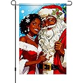 HOMETITUTE Merry Christmas African American Black Santa Garden Flag 12x18 Inch Double Sided Santa and Mrs Claus Couple with Cookie Blue Snowflake Flags Holiday Outdoor Winter Yard Decor