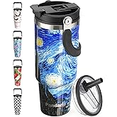 Pandaria 40 oz Tumbler with Handle 2in1 Lid Flip Straw, 100% Leak Resistant Water Bottle Double Wall Vacuum Stainless Steel Insulated Tumblers Travel Iced Tea or Coffee Mug Ideal Gift (Starry Night)