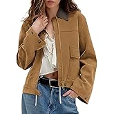 COCCKO Women's Faux Suede Cropped Jacket Casual Zip Up Jackets Contrast Collar Fleece Winter Coats Outerwear with Pockets