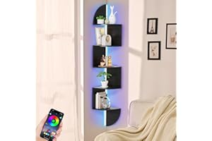 Waipfaru Corner Shelf, 5 Tier Bookshelf with LED Light, Corner Shelf Wall Mounted, Floating Shelves for Wall, Display Stand for Bedroom, Living Room, Bathroom, Home, Office, Black