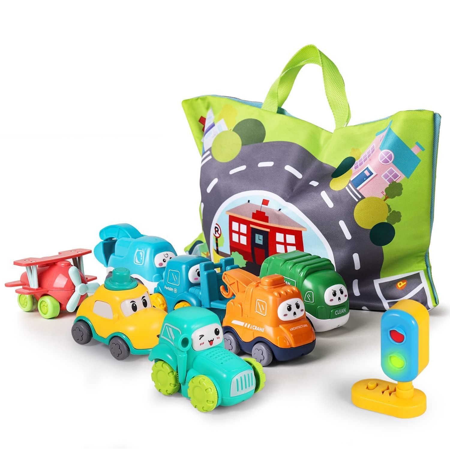 lerrbo 7 Vehicles with Cranes, Tractor, Map and Blue Traffic Light|1st Birthday Gifts for Toddler Toys Age 1-2|Baby Toys for 1 2 Year Old Boy|12 Year Old Boy Birthday Gift for Infant Toddlers