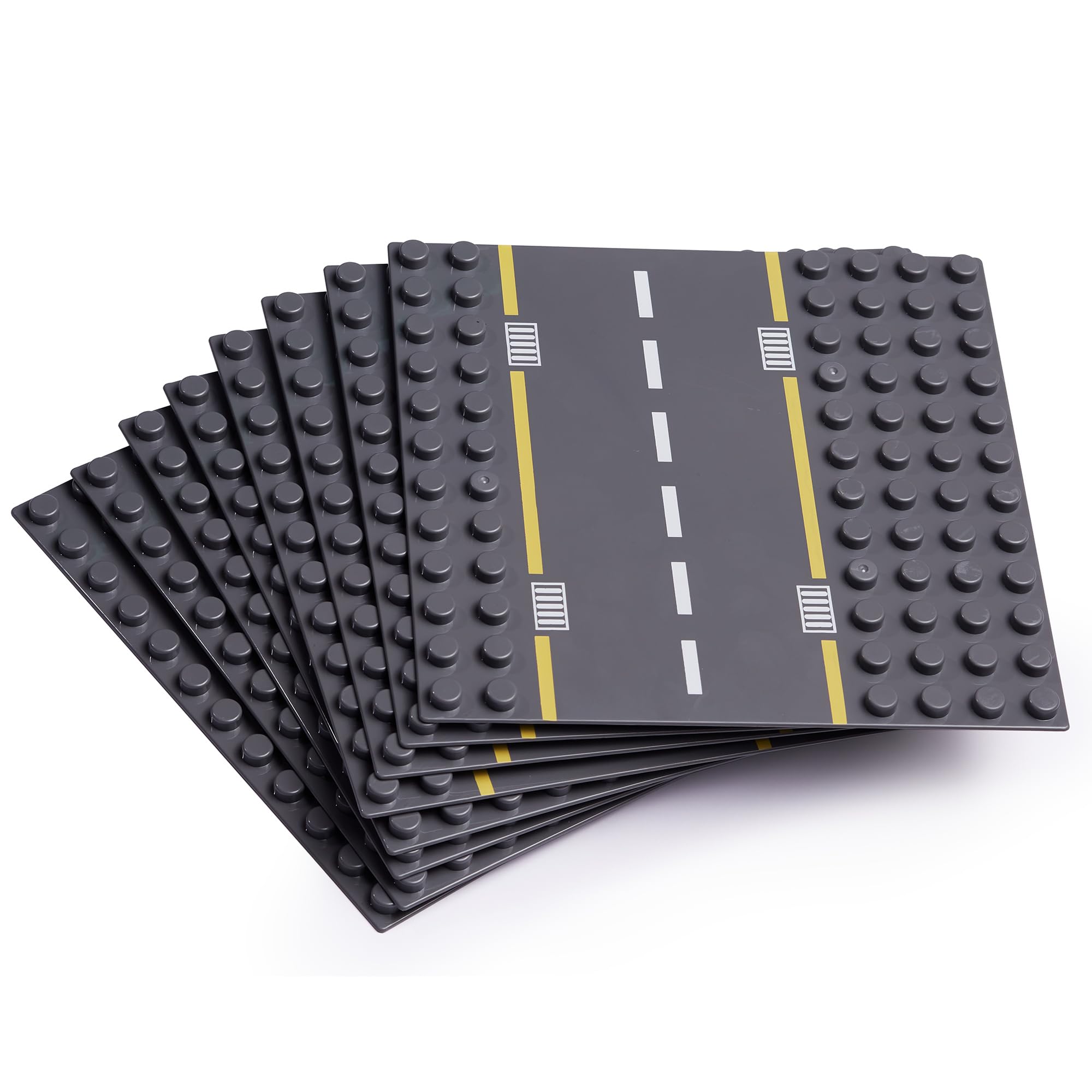 APOSTROPHE Games Building Block Road Base Plates for Large Blocks 19.1 cmx 19.1 cm, 8 Baseplates (4 Straight & 4 Curved Roads) Compatible with Leading Brands