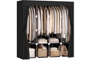 LOKEME Portable Closet, Black Wardrobe Closet Organizer with Cover, Portable Closets for Hanging Clothes 65.4x17.4x64.4 inch,4 Hanging Rods and Shelves, Large Capacity for Bedroom, Living Room