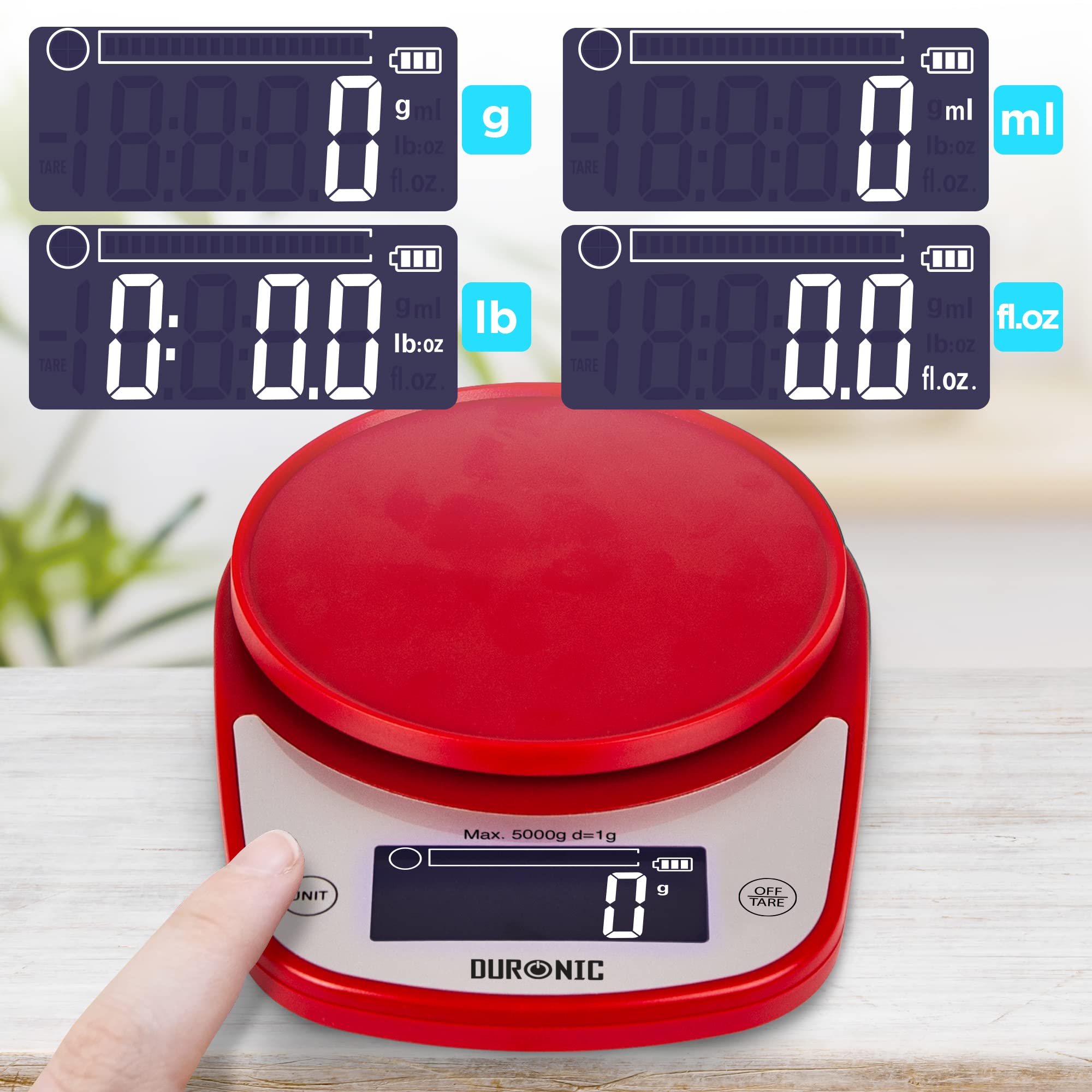 Duronic KS5000RD/SS Digital Kitchen Scales Electronic Kitchen Scale with Bowl Measuring Weighing Scales Baking Scale for Cooking Baking Postal Pet Food Measurement Baker Weight