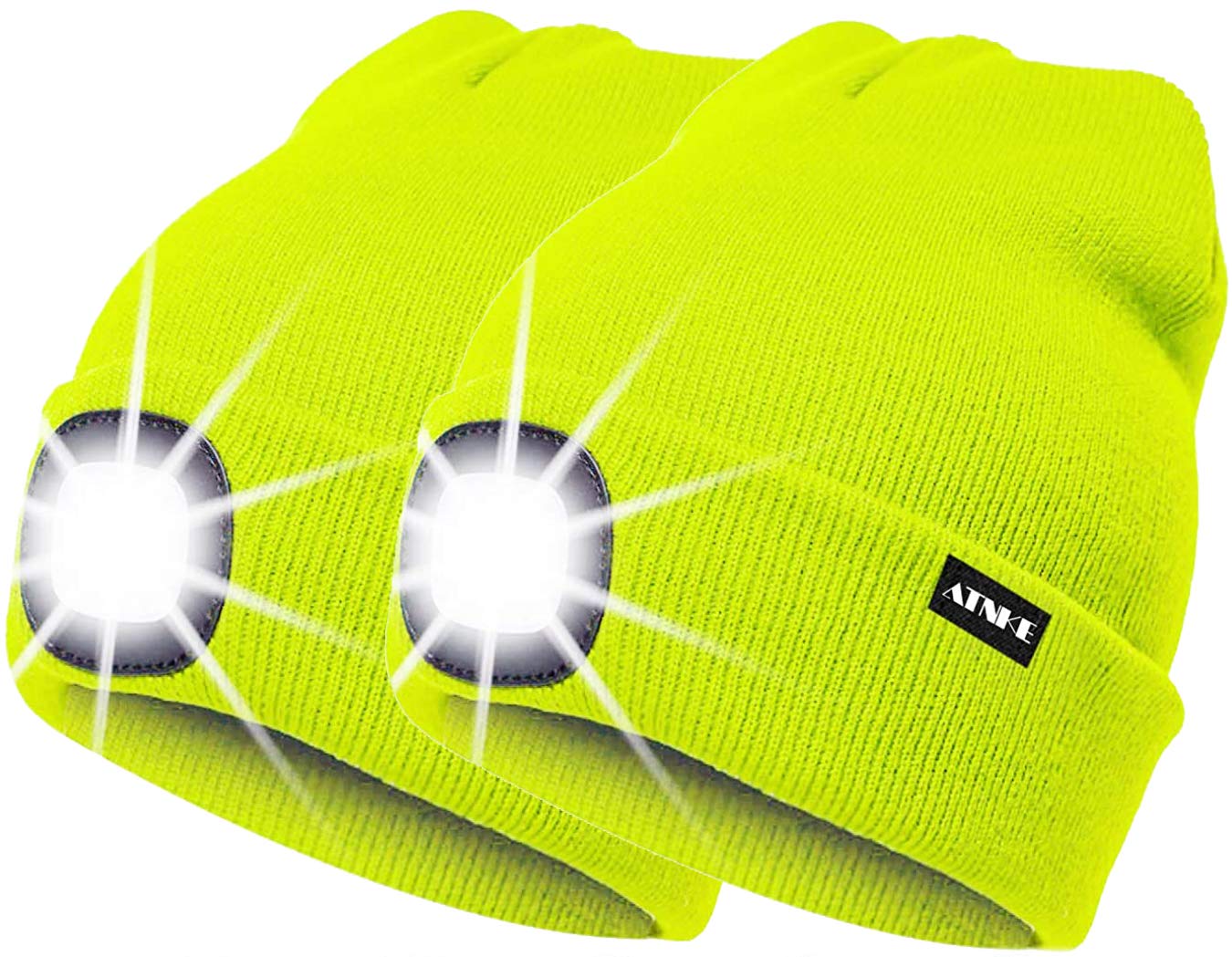 ATNKE 2Pcs New Warm LED Lighted Beanie Cap Unisex USB Rechargeable Running Hat Ultra Bright 4 LED Waterproof Light Lamp Multi-Color/Fluorescent Yellow