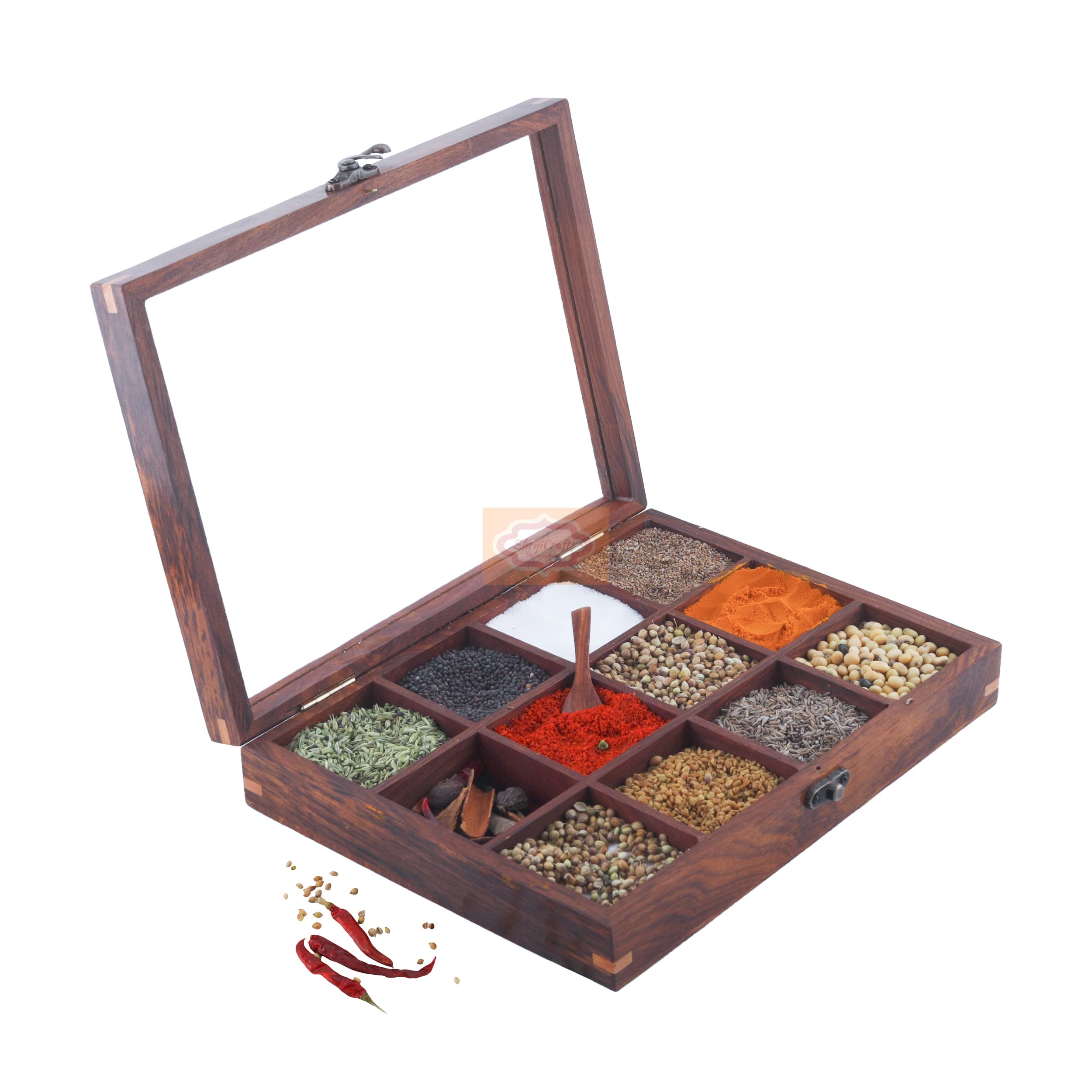 Photo 1 of Ortus Arts Wood table top 12 Compartment Spice Box with Spoon - Wooden Masala Box Set for Kitchen Masala Daani Namak Dani Dabba Multipurpose Decorative Boxes Holder