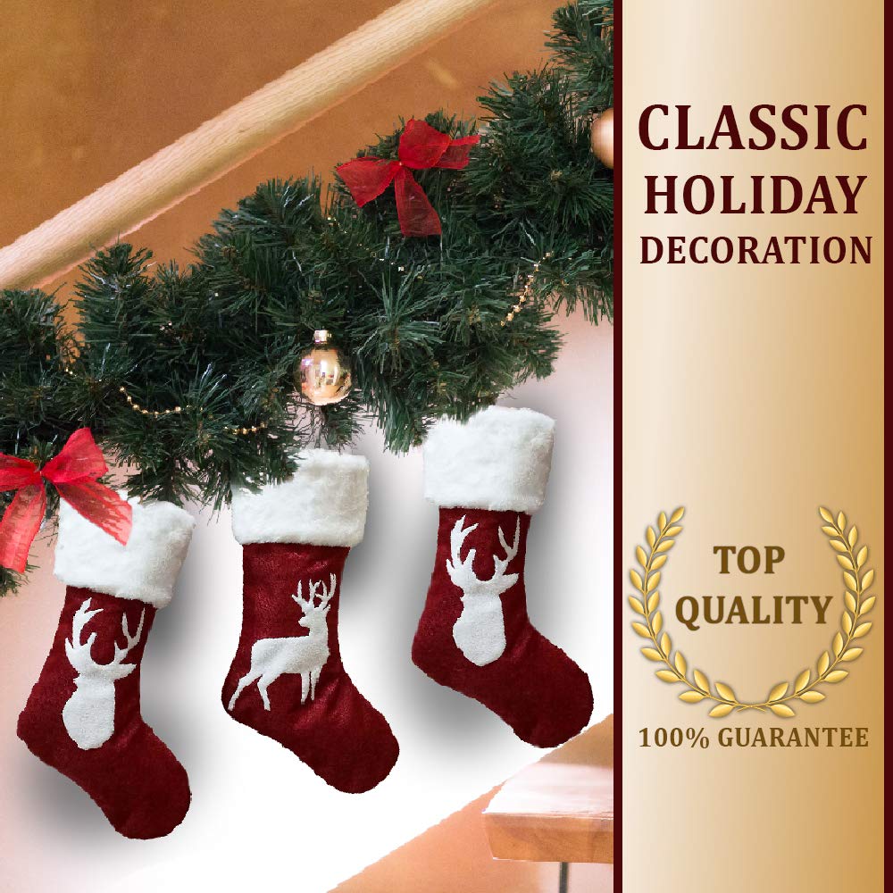 Christmas Stockings Red Reindeer - 3 Pcs Stylish Xmas Stockings Decorations - Classic Family Holiday Decor - Red Elk Embroidery Set with Faux Fur - Christmas stockings Storage for Treats and Gifts