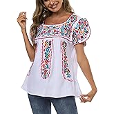 Mexican Shirts for Women Embroidered Tops Traditional Peasant Summer Tunic Blouse