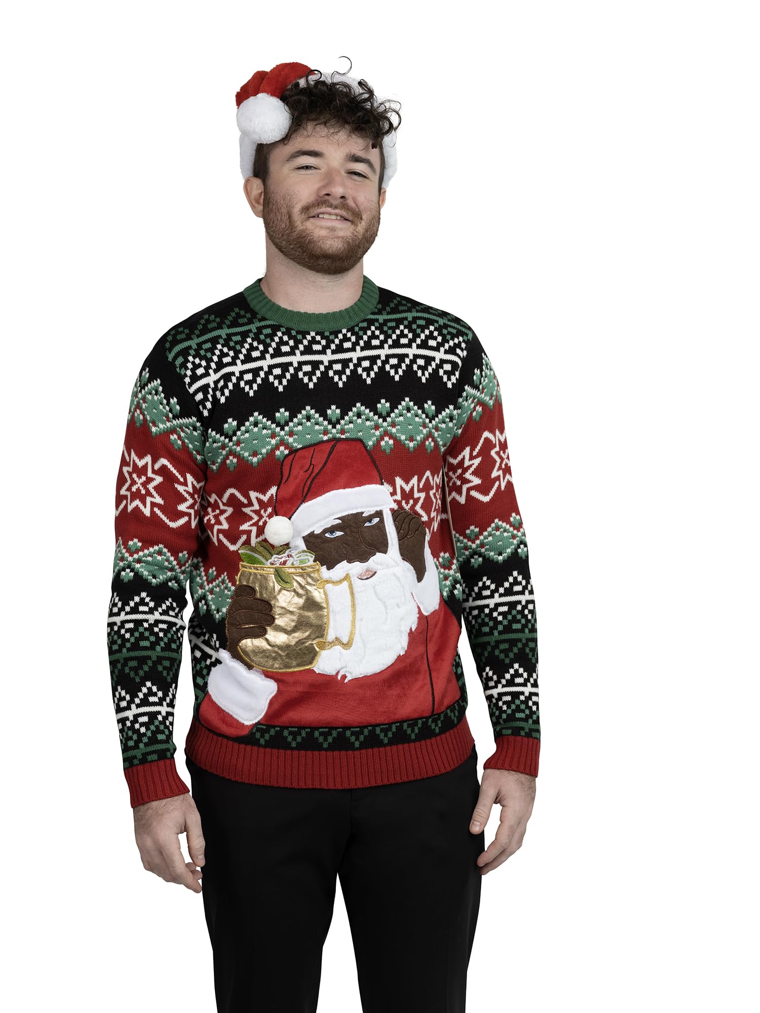 Blizzard Bay Men's Ugly Christmas Sweater Santa, Santa's Celebration Black, Small Image