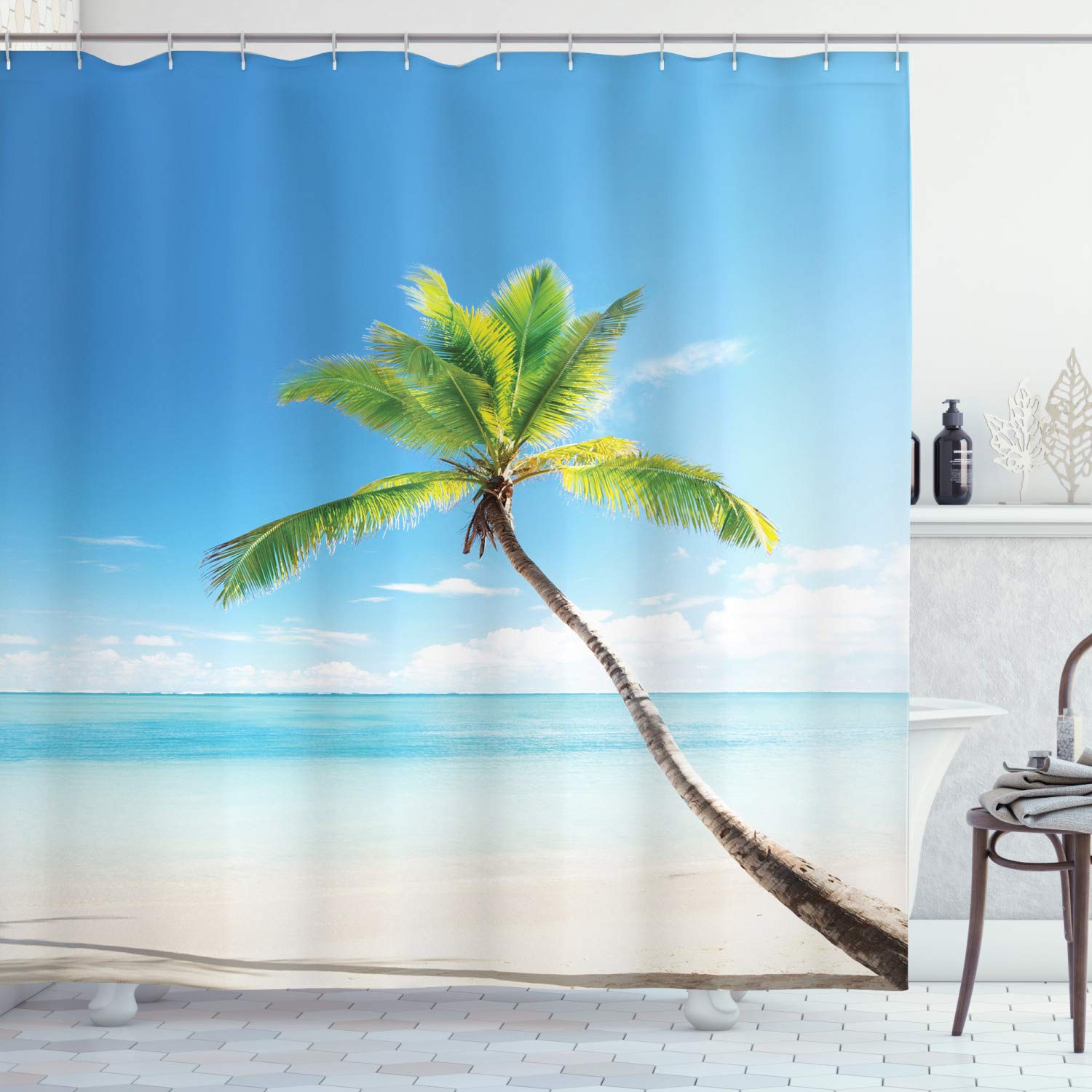 ABAKUHAUS Tropical Shower Curtain, Palm Tree on Caribbean Sandy Beach Clear Sky Horizon Hot Sunny Day Panorama, Cloth Fabric Bathroom Decor Set with Hooks, 86 Inches Extra Long, Blue Green Beige