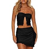 CSDAJIO Women's 2 Piece Outfits Sheer Mesh Split Front Strapless Tube Crop Top and Ruffle Mini Skirt Set