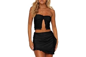 CSDAJIO Women's 2 Piece Outfits Sheer Mesh Split Front Strapless Tube Crop Top and Ruffle Mini Skirt Set