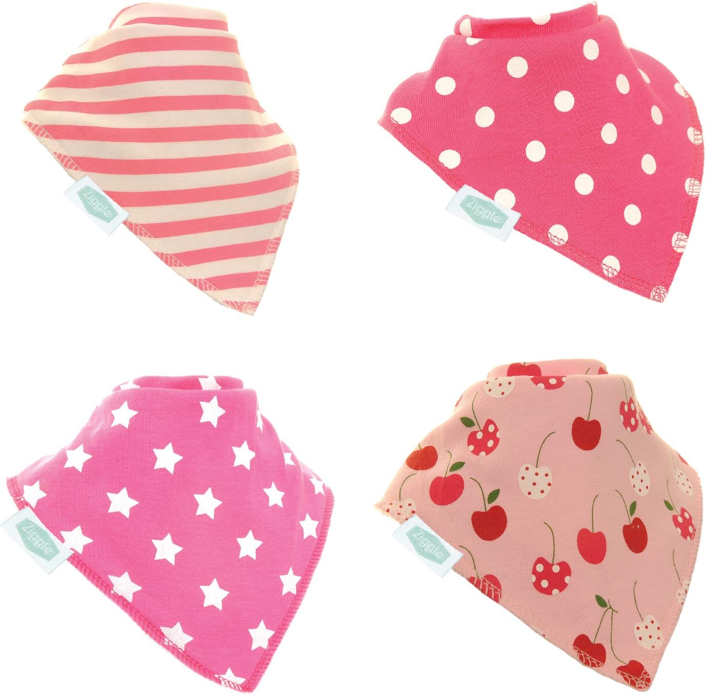 Ziggle Baby Bandana Dribble Bibs, Super Absorbent, Fits Newborn to Toddler, Award Winning, 4 Pack (Pretty Pinks)