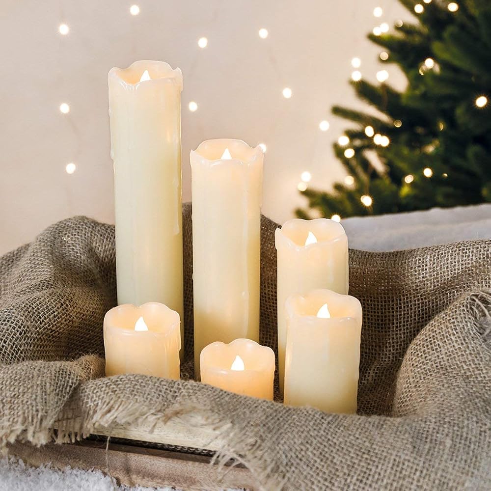 Festive Lights Cream Real Wax Pillar Candles 6 LED Dripping Tealight Set